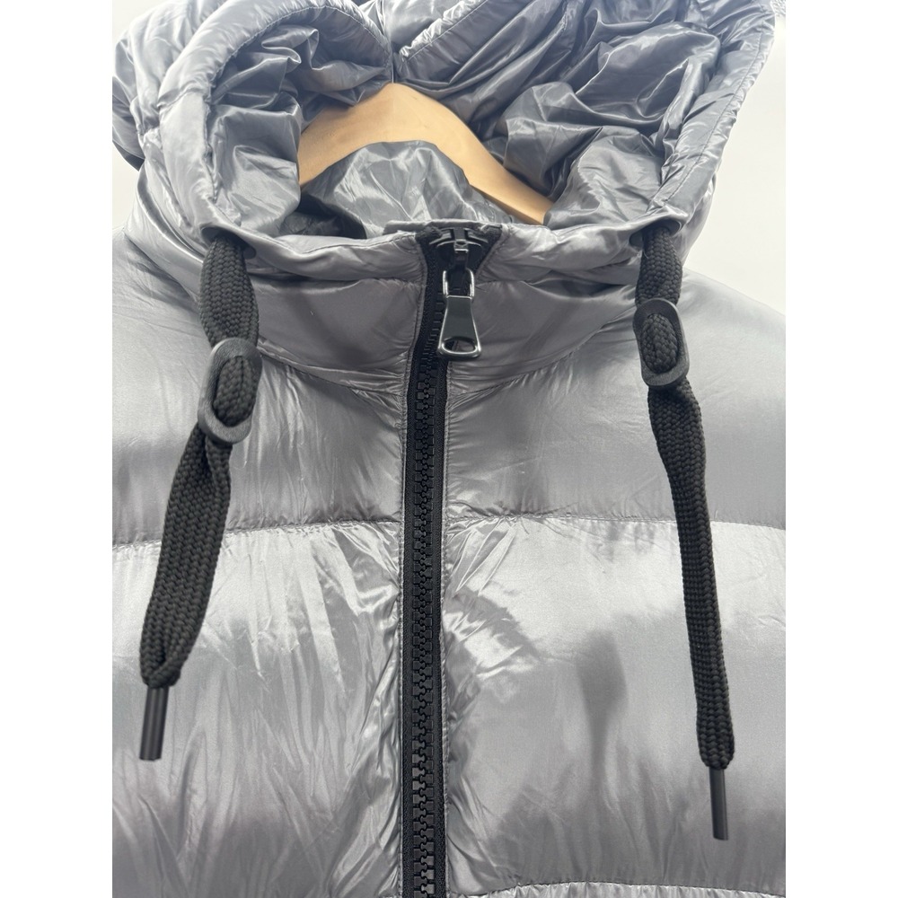 Women XL Metallic Gray Puffer Down Coat Hooded Jacket Mid Length Pockets Winter - Picture 4 of 16